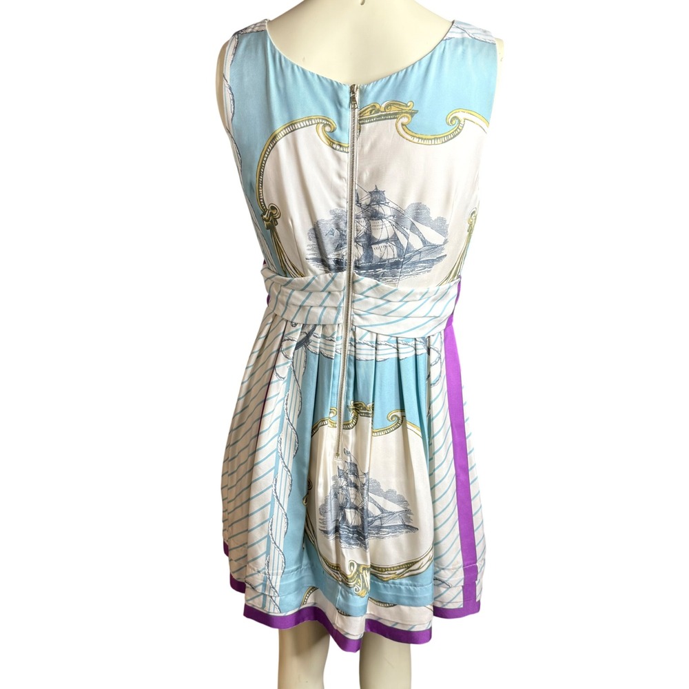 Leifsdottir Nautical Ship 100% Silk Dress Womens Size 4 Blue White Purple - Picture 2 of 10
